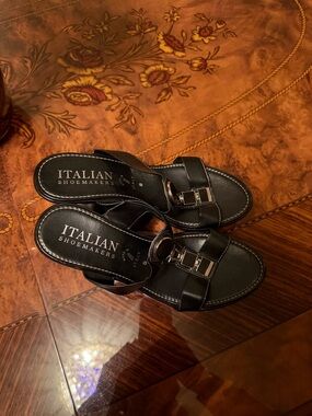 Italian Shoemakers Black Leather Buckle Slide Sandals
